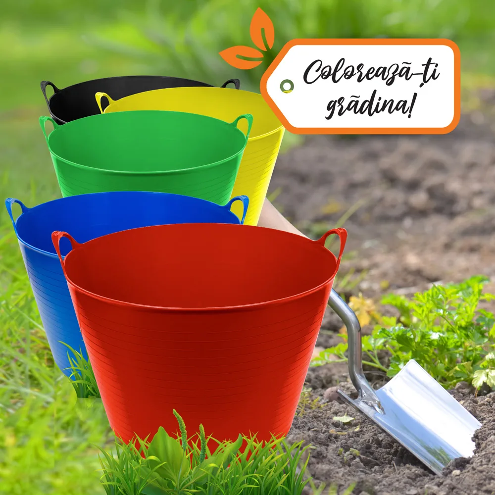 Red, blue and green FlexiPlus flexible tubs in a garden