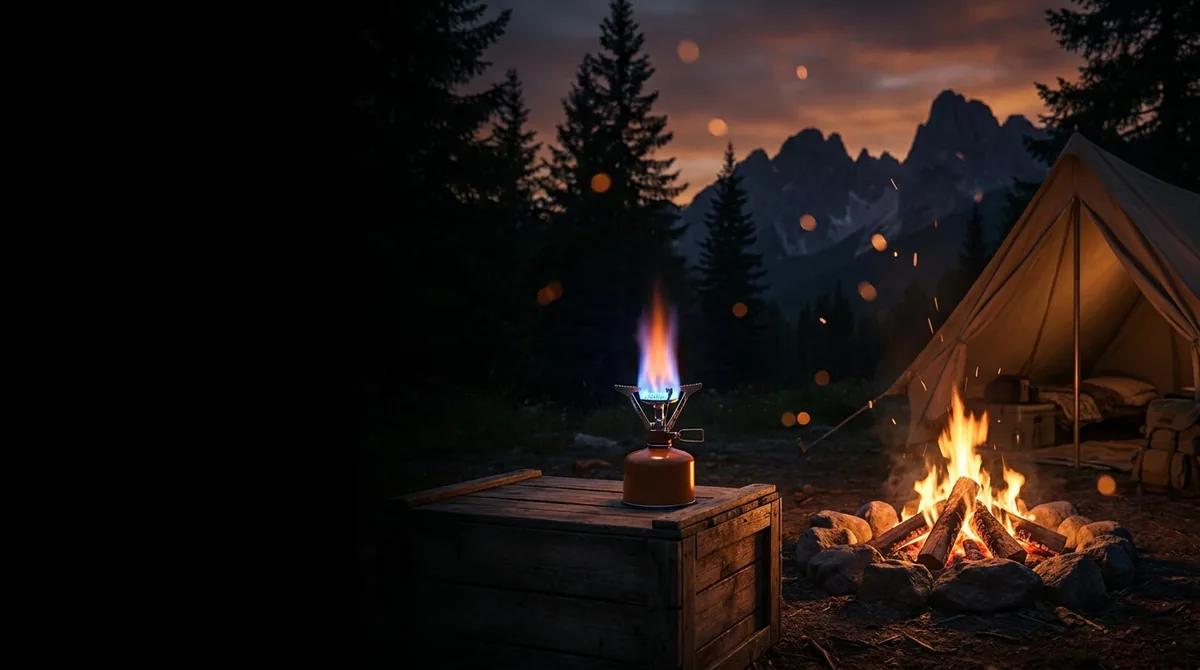 A burner and a campfire at dusk, by the tent