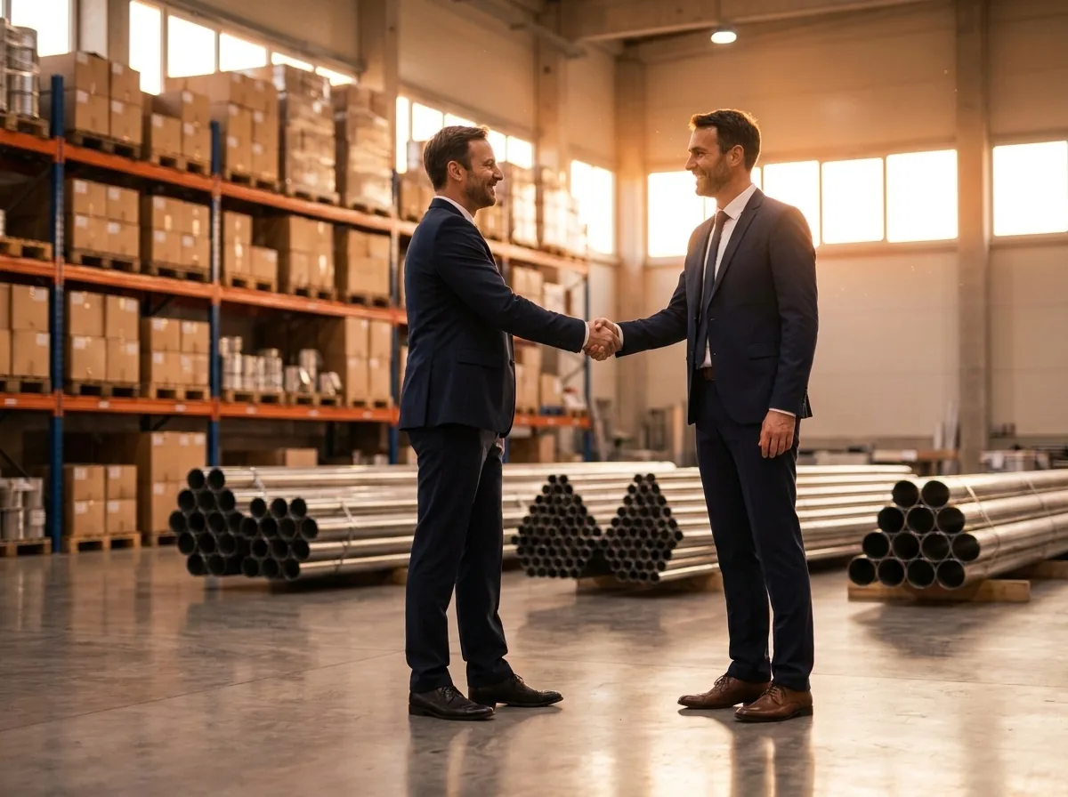 A handshake in a building-materials warehouse